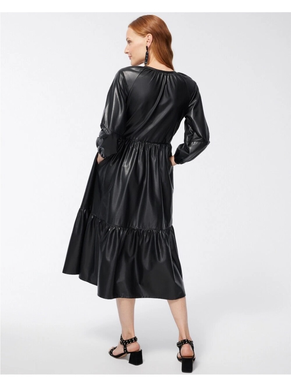 Chico’s Midi Dress Pleather Tiered Dress Black Size 6NWT - Picture 4 of 11